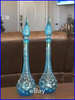 Pair Retro Tall Blue Vintage Art Glass Genie Bottle Decanters & Stoppers