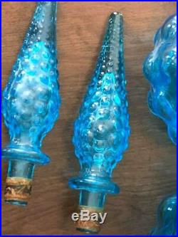Pair Retro Tall Blue Vintage Art Glass Genie Bottle Decanters & Stoppers