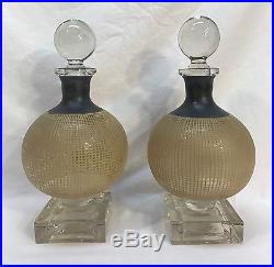 Pair Vintage Art Deco French Style Enamel Painted Glass Crystal Decanters