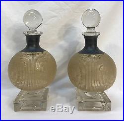 Pair Vintage Art Deco French Style Enamel Painted Glass Crystal Decanters