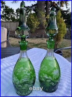 Pair Vintage Bohemian Green Cut To Clear Crystal Floral Decanters 16 Nachtmann