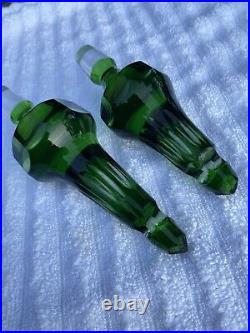 Pair Vintage Bohemian Green Cut To Clear Crystal Floral Decanters 16 Nachtmann