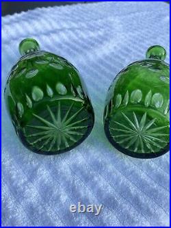 Pair Vintage Bohemian Green Cut To Clear Crystal Floral Decanters 16 Nachtmann