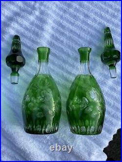 Pair Vintage Bohemian Green Cut To Clear Crystal Floral Decanters 16 Nachtmann