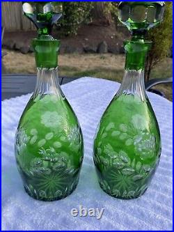 Pair Vintage Bohemian Green Cut To Clear Crystal Floral Decanters 16 Nachtmann