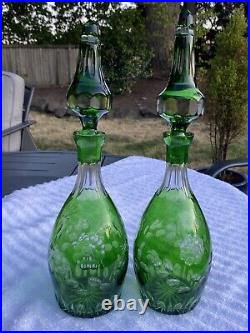 Pair Vintage Bohemian Green Cut To Clear Crystal Floral Decanters 16 Nachtmann