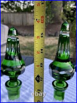 Pair Vintage Bohemian Green Cut To Clear Crystal Floral Decanters 16 Nachtmann