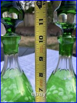 Pair Vintage Bohemian Green Cut To Clear Crystal Floral Decanters 16 Nachtmann