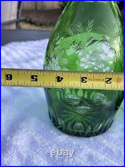 Pair Vintage Bohemian Green Cut To Clear Crystal Floral Decanters 16 Nachtmann