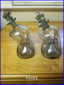 Pair Vintage Holmegaard Curved Decanter Extreme Pinched Smoky Glass CrownStopper