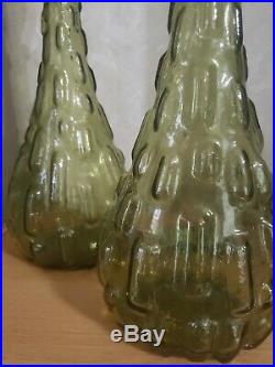 Pair Vintage MCM 22 Genie Bottle Decanter Olive Green Italian Glass Empoli