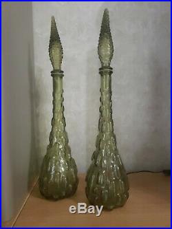 Pair Vintage MCM 22 Genie Bottle Decanter Olive Green Italian Glass Empoli