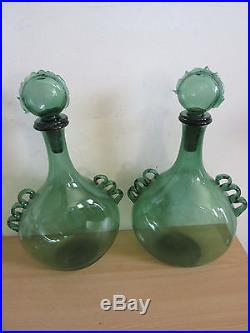 Pair large vintage designer Blenko green blown glass decanters with stoppers 15.5