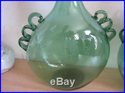 Pair large vintage designer Blenko green blown glass decanters with stoppers 15.5