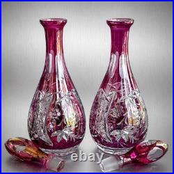 Pair of 14 vintage Nachtmann Cranberry cut to clear Crystal decanters STUNNING