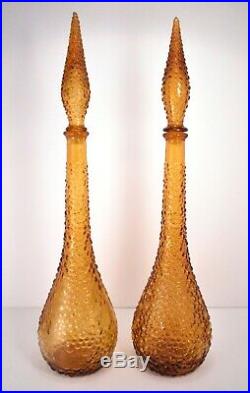 Pair of Amber Empoli Decanters, Genie Bottle Mid-Century Glass Italy Vintage