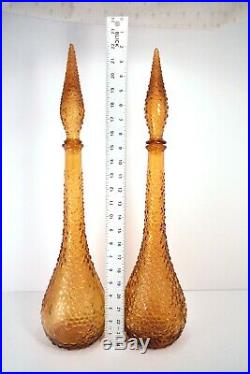 Pair of Amber Empoli Decanters, Genie Bottle Mid-Century Glass Italy Vintage