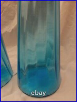 Pair of Vintage MCM Blue Empoli Glass Bottles Decanter Genie