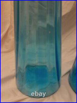 Pair of Vintage MCM Blue Empoli Glass Bottles Decanter Genie
