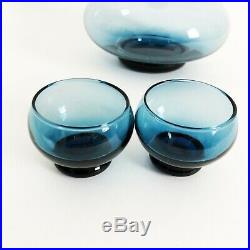 Peedee Mid Century Barware Set Blue Glass Decanter, Stopper & 2 Cups MCM VTG