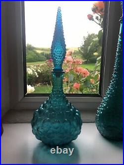 Petrol blue Hobnail squat genie Bottle 1960s Glass Vintage Empoli Decanter MCM
