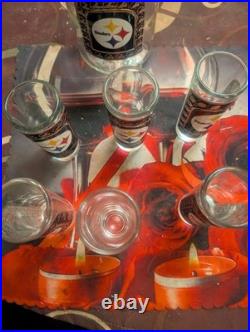 Pittsburgh Steelers VINTAGE Glass Decanter METAL LOGO with Six Glasses
