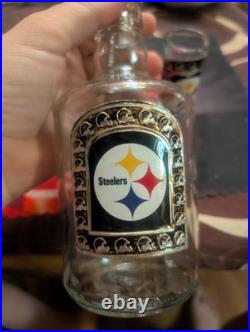 Pittsburgh Steelers VINTAGE Glass Decanter METAL LOGO with Six Glasses