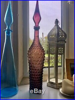 Plum Glass Diamond Genie Bottle Italy Empoli 1960s Vintage Decanter Rossini