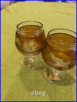 Polish Etched Glass Decanter Set Vintage Amber Rare Hunting Game Dog Beautiful