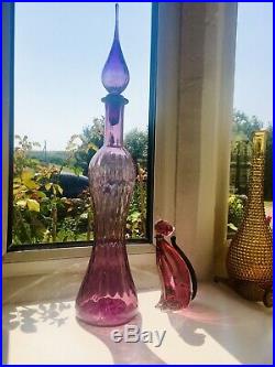 Purple Hour Glass Vintage MCM Italian Empoli Genie Bottle Decanter Glass Quilted