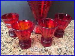 RARE FENTON1960s FRANKLIN RUBY RED GLASS DECANTER SET 4 SHOT GLASSES #1935