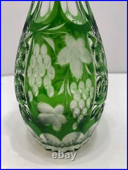 RARE Vintage/Antique Bavarian Glass 9 Decanter Vase, Green Cut to Clear, EUC