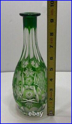 RARE Vintage/Antique Bavarian Glass 9 Decanter Vase, Green Cut to Clear, EUC