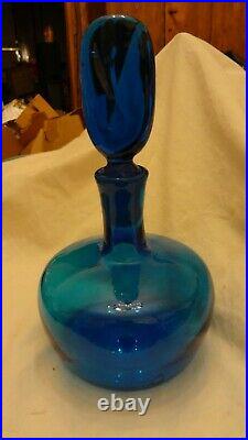 RARE Vintage Blenko Wayne Husted Blue Decanter Genie Bottle & Stopper MCM Modern