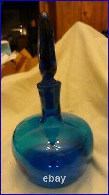 RARE Vintage Blenko Wayne Husted Blue Decanter Genie Bottle & Stopper MCM Modern