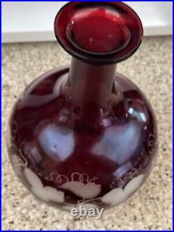 RARE Vintage Boho Red Glass Wine Decanter Cut-To-Clear Frosted Grape Leaves
