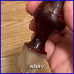 RARE Vintage Boho Red Glass Wine Decanter Cut-To-Clear Frosted Grape Leaves