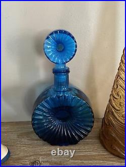 RARE Vintage Empoli Blue Glass Sunburst Decanter Bottle Tynell Style Italy