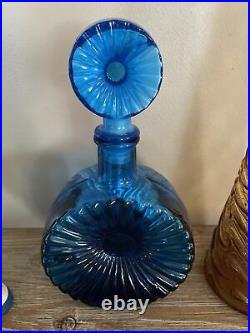 RARE Vintage Empoli Blue Glass Sunburst Decanter Bottle Tynell Style Italy