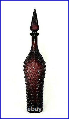 RARE Vintage Mid Century Burgundy Empoli Italian Glass Genie Bottle Decanter 21