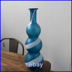 RARE Vntg Empoli Italian Murano Swirled Tri-Lobed Bottle 18 Blue White Gourd