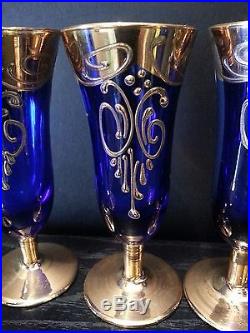 REDUCED Vintage Bohemian Decanter & Flutes Cobalt Blue Hand Painted