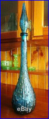 RETRO VINTAGE 1960s TEAL BLUE BAMBOO ITALIAN ART GLASS GENIE BOTTLE DECANTER