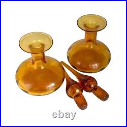 Rainbow Glass Company VTG Amber Glass Decanters Hand-Blown 1960s Flame Stoppers