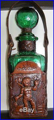 Rare Antique Vintage Green Glass Alcohol Decanter Bottle In Leather Holder/case