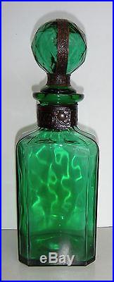 Rare Antique Vintage Green Glass Alcohol Decanter Bottle In Leather Holder/case