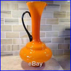 Rare Big Vtg. Italian Empoli Art Glass Cased Orange Decanter Pitcher Ewer