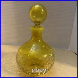 Rare Blenko Vintage Crackle Glass Round Decanter Bright Yellow 8.5 Tall