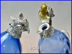 Rare Pair of Edwardian Parrot Decanters, Silver Plate & Mouth Blown Glass c. 1900