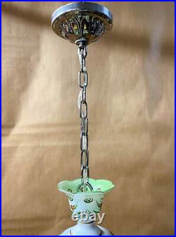 Rare Vintage Bohemian Opaque White Cut to Green Floral Accents 5 Arm Chandelier